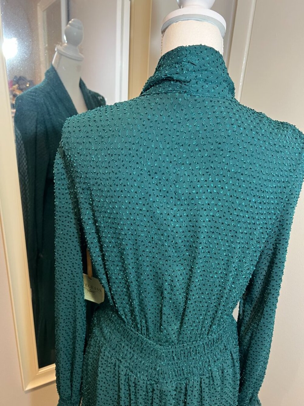 NWT RYEGRASS Emerald Green Clip Dot Long Sleeve Tie Neck Maxi Dress, Size Med - Picture 12 of 16